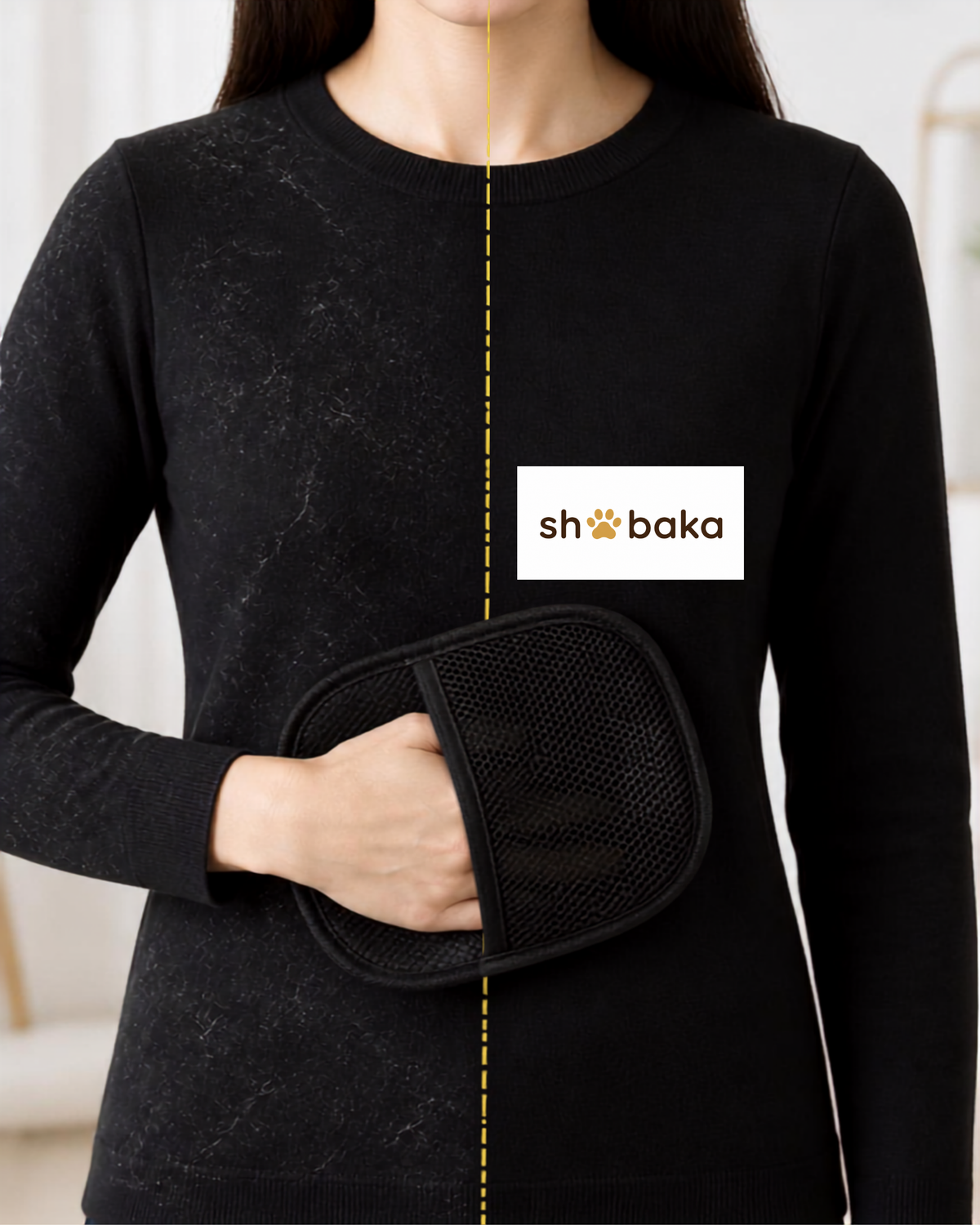 Shobaka pet hair removal glove in use on a black sweater – hair collected on one side, clean on the other