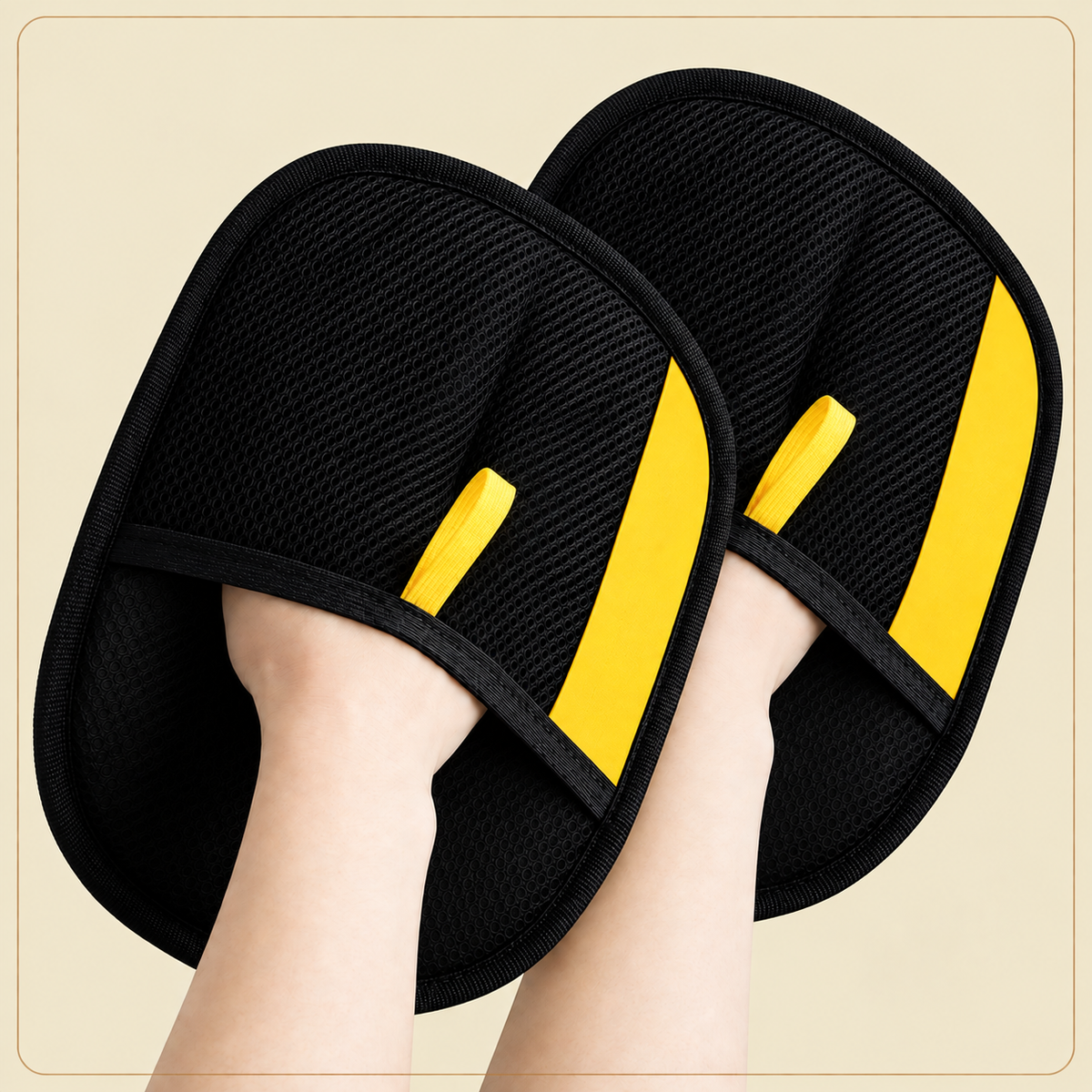 Shobaka pet hair removal gloves, Premium Black & Yellow model, worn on both hands – 2 gloves
