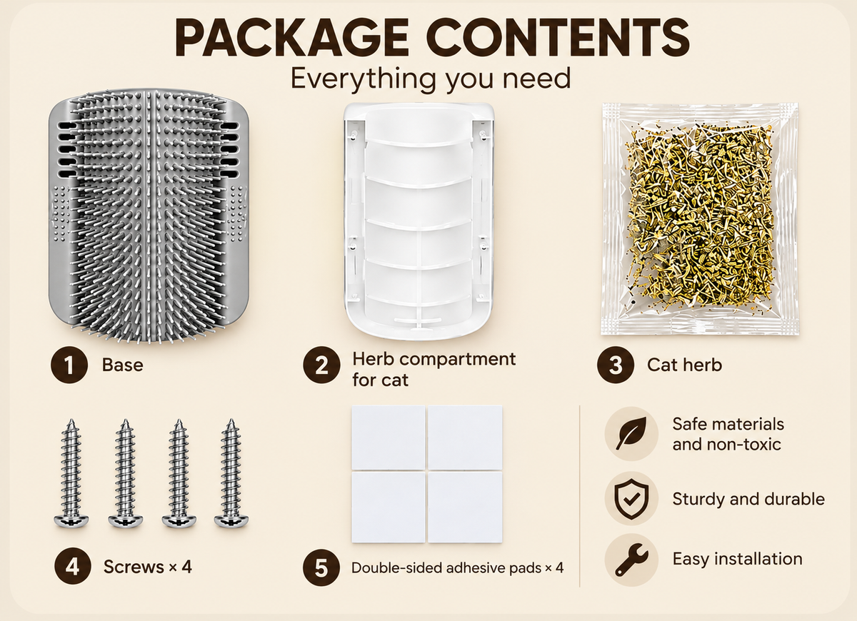 [en] Package contents: brush base, catnip holder, catnip pouch, 4 screws, 4 double-sided adhesive pads