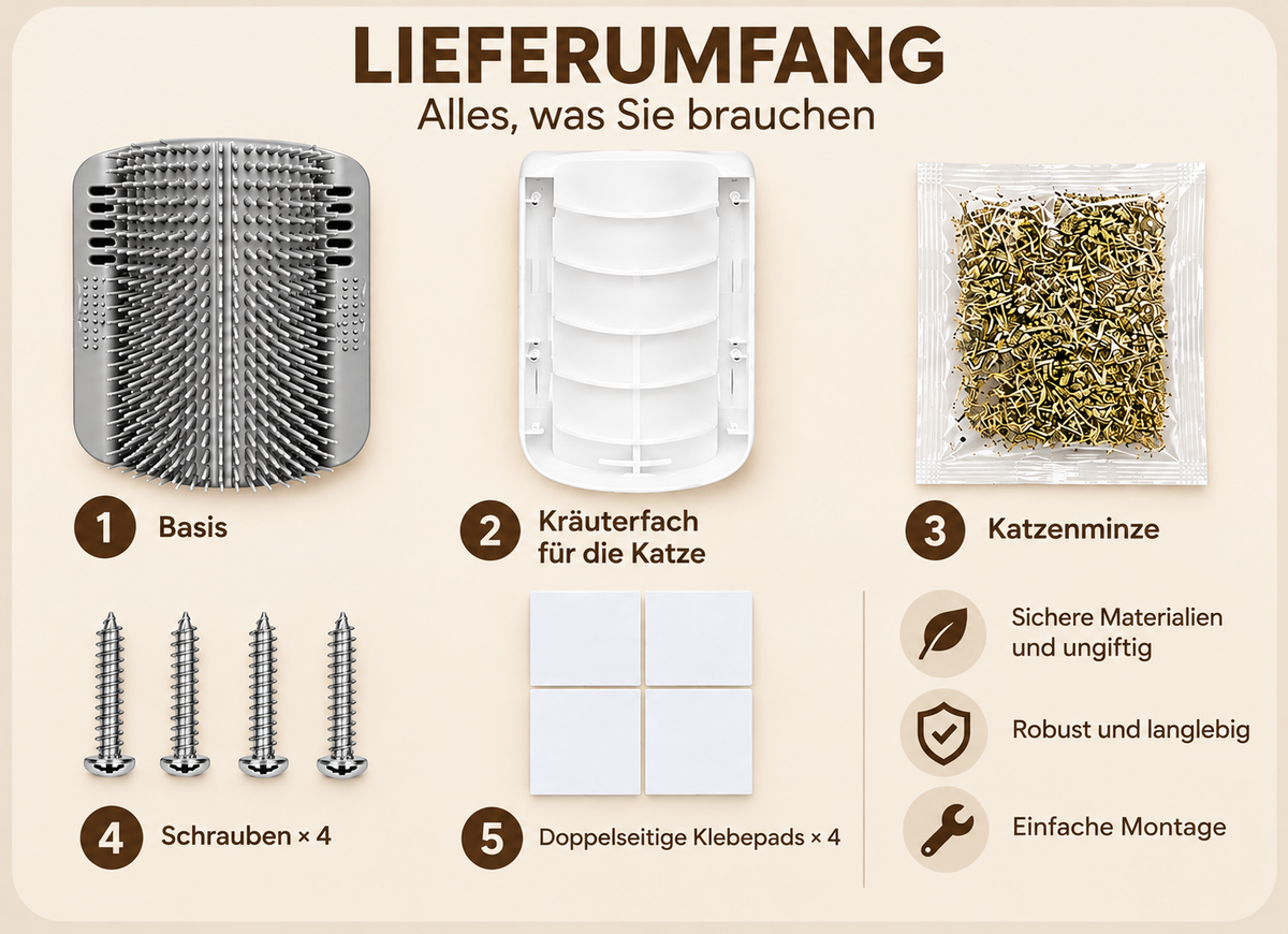 [de] Packungsinhalt: Bürstenbasis, Katzenminze-Halter, Katzenminze-Beutel, 4 Schrauben, 4 doppelseitige Klebepads