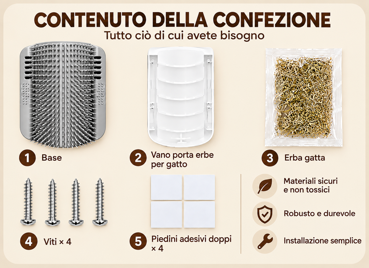 [it] Contenuto della confezione: base della spazzola, porta erba gatta, bustina di erba gatta, 4 viti, 4 cuscinetti adesivi biadesivi