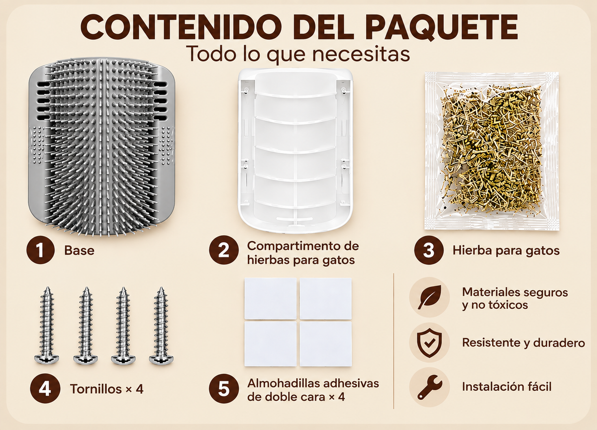 [es] Contenido del paquete: base del cepillo, soporte para hierba gatera, bolsita de hierba gatera, 4 tornillos, 4 almohadillas adhesivas de doble cara