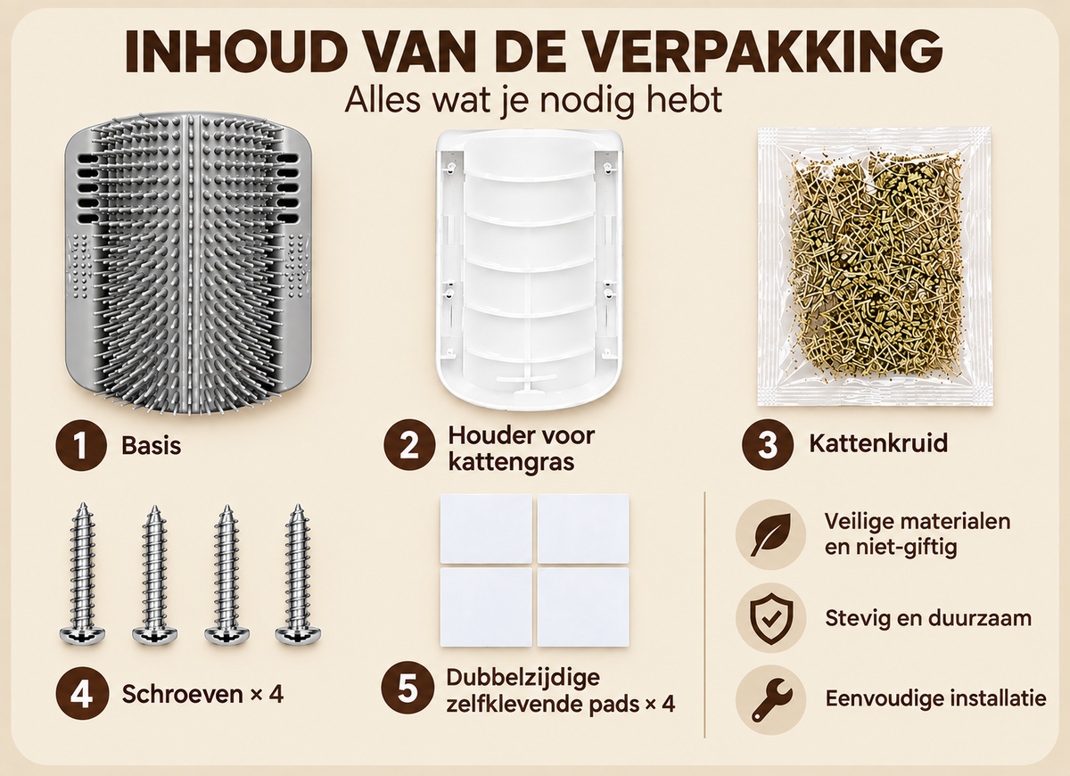 [nl] Verpakkingsinhoud: borstelbasis, kattenkruidhouder, kattenkruidzakje, 4 schroeven, 4 dubbelzijdige kleefkussens