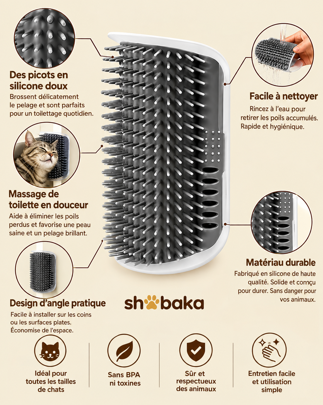 [fr] Points forts de la brosse d'angle Shobaka : poils en silicone doux, massage auto-toilettage, design adapté aux coins, facile à nettoyer, matériau durable – sans BPA, adapté aux animaux