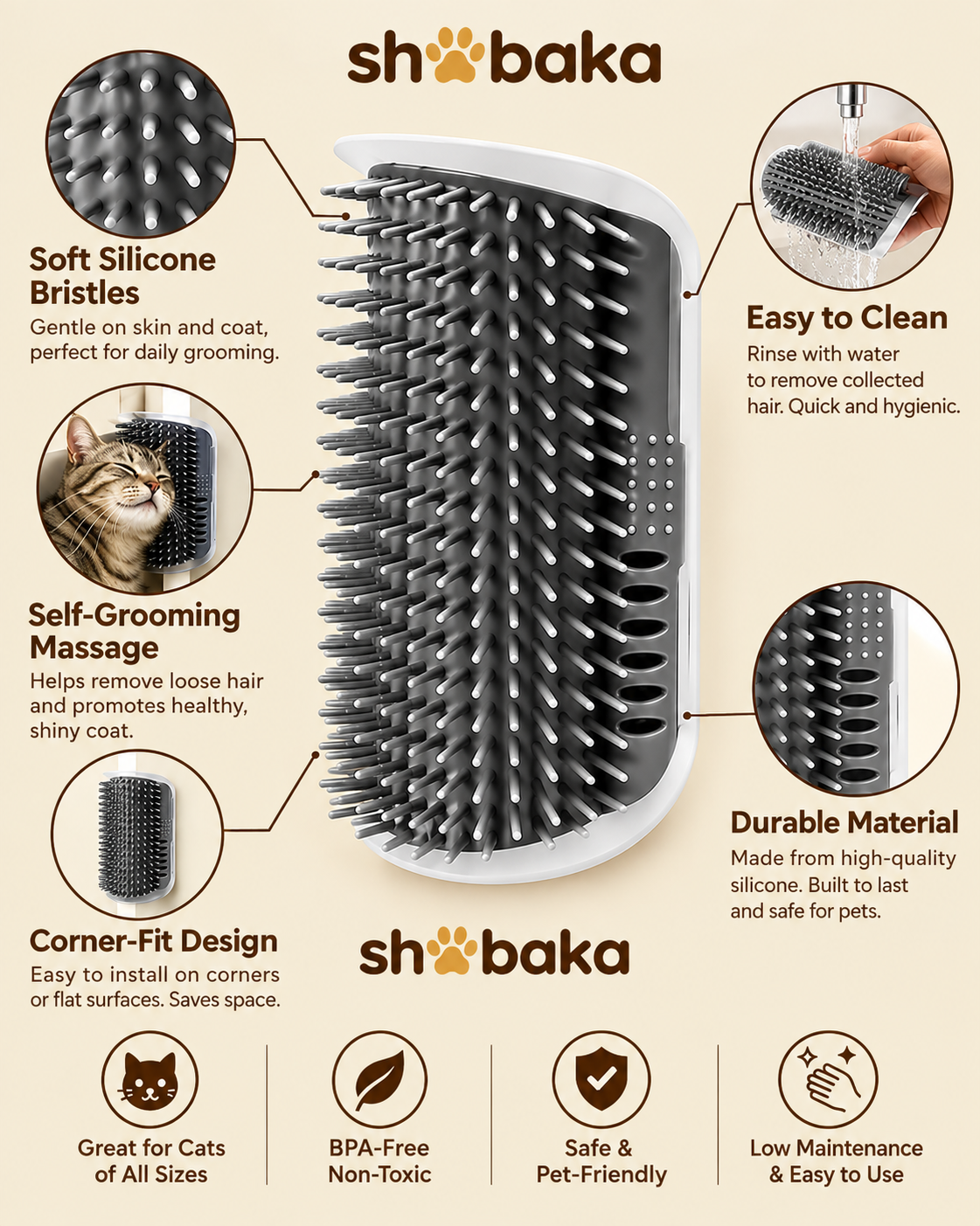 [en] Shobaka corner brush highlights: soft silicone bristles, self-grooming massage, corner-fit design, easy to clean, durable material – BPA-free, pet-friendly
