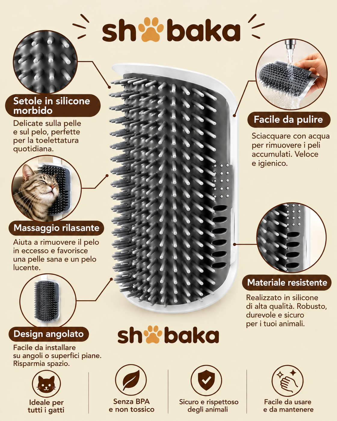 [it] Punti di forza della spazzola angolare Shobaka: setole in silicone morbido, massaggio autopulente, design ad angolo, facile da pulire, materiale durevole – senza BPA, a misura di animale