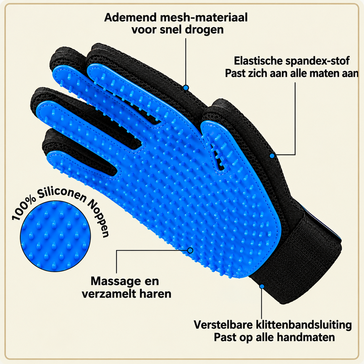 [nl] Kenmerken van de Shobaka siliconen verzorgingshandschoen: 100% siliconen noppen, elastische spandex-stof past zich aan alle maten aan, verstelbare klittenbandsluiting