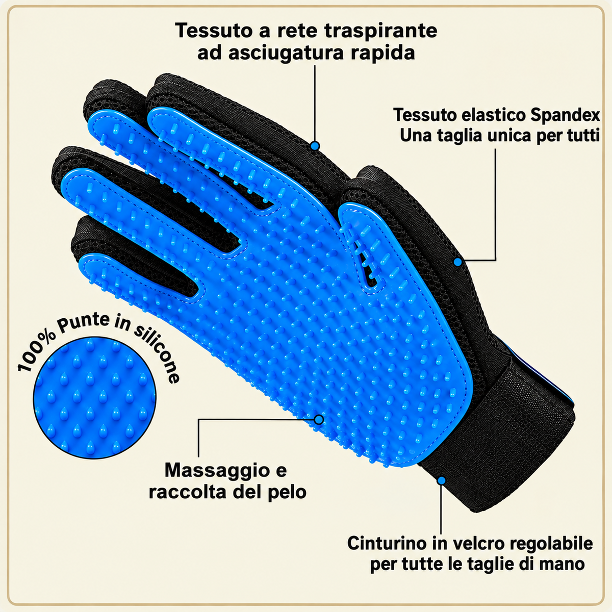 [it] Caratteristiche del guanto in silicone Shobaka: setole 100% silicone, tessuto elastico in spandex adatto a tutte le taglie, chiusura in velcro regolabile