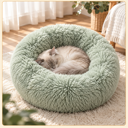 Cat sleeping in a sage green Shobaka donut pet bed