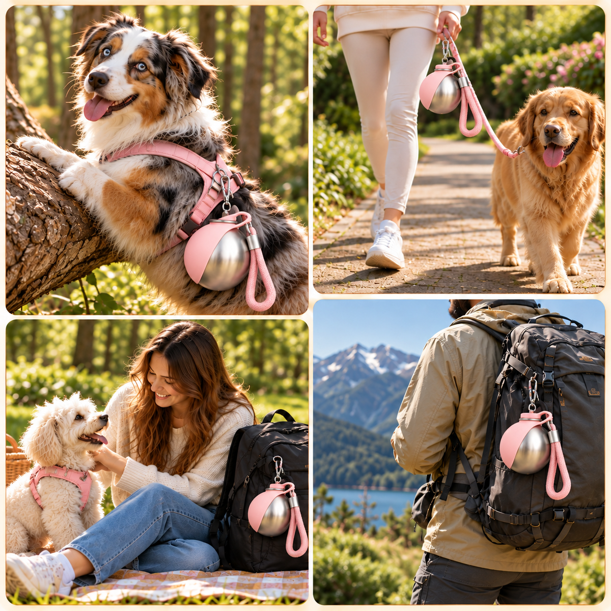 Shobaka dog water bottle clipped to a harness, a leash and a backpack