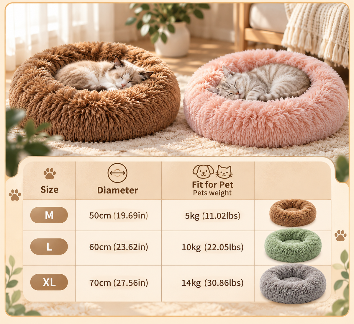 Shobaka donut pet bed size guide: M 50 cm up to 5 kg, L 60 cm up to 10 kg, XL 70 cm up to 14 kg