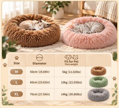 Shobaka donut pet bed size guide: M 50 cm up to 5 kg, L 60 cm up to 10 kg, XL 70 cm up to 14 kg