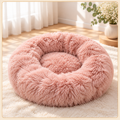 Shobaka fluffy donut pet bed in dusty pink faux fur