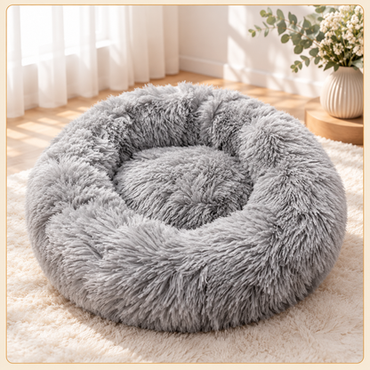 Shobaka fluffy donut pet bed in grey faux fur
