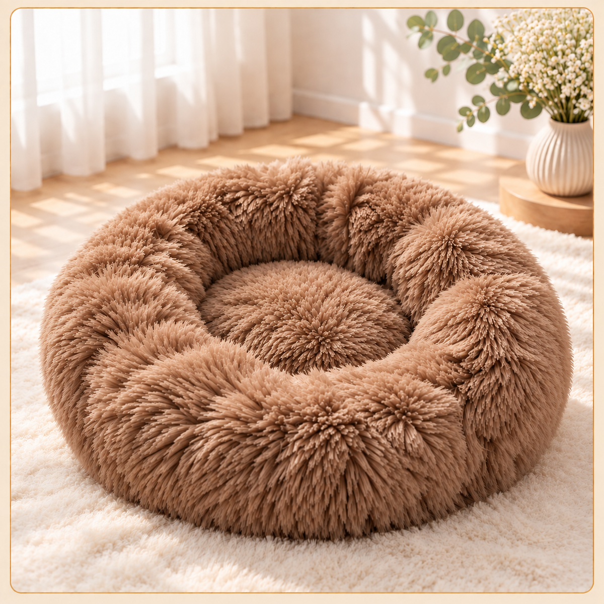 Shobaka fluffy donut pet bed in brown faux fur