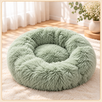 Shobaka fluffy donut pet bed in sage green faux fur