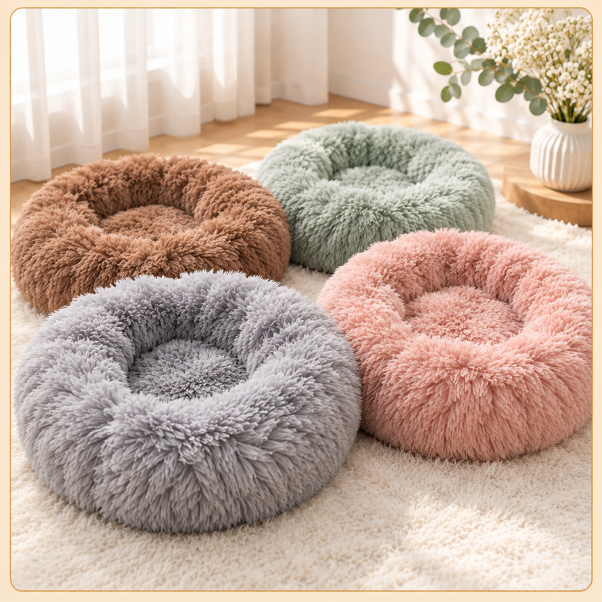 Shobaka donut pet beds in brown, sage green, dusty pink and grey