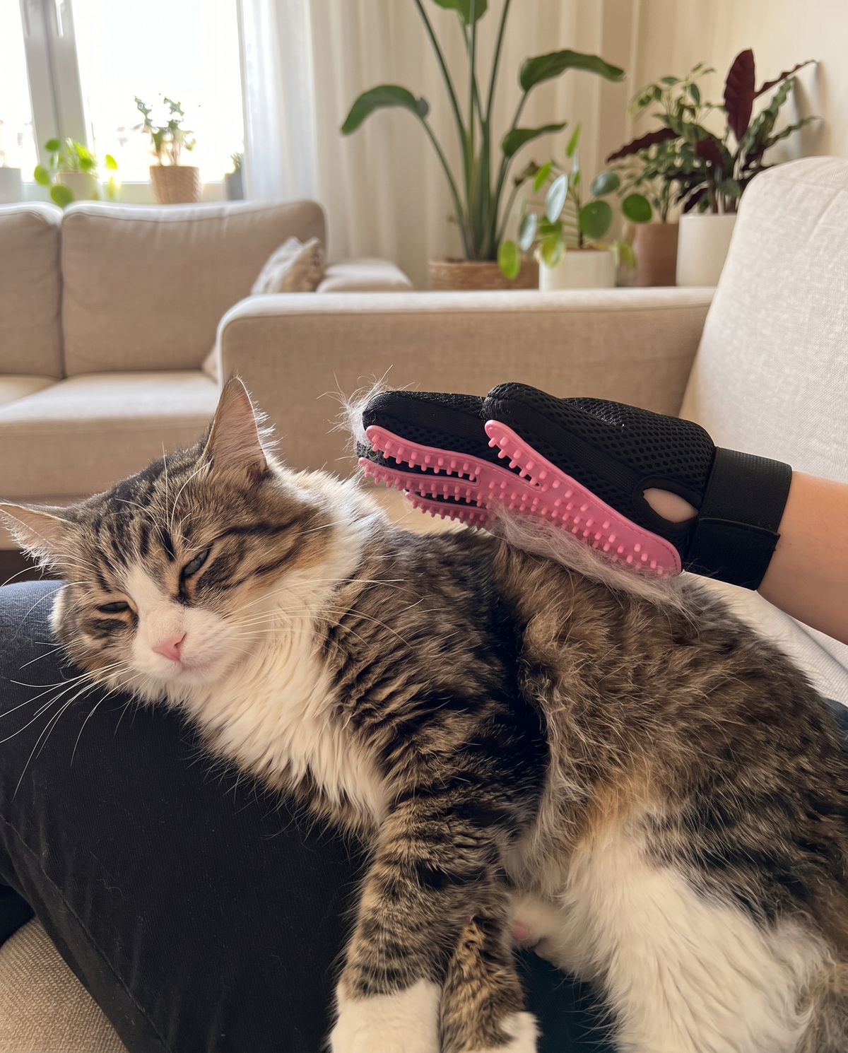 Relaxed cat being brushed with the pink Shobaka silicone grooming glove