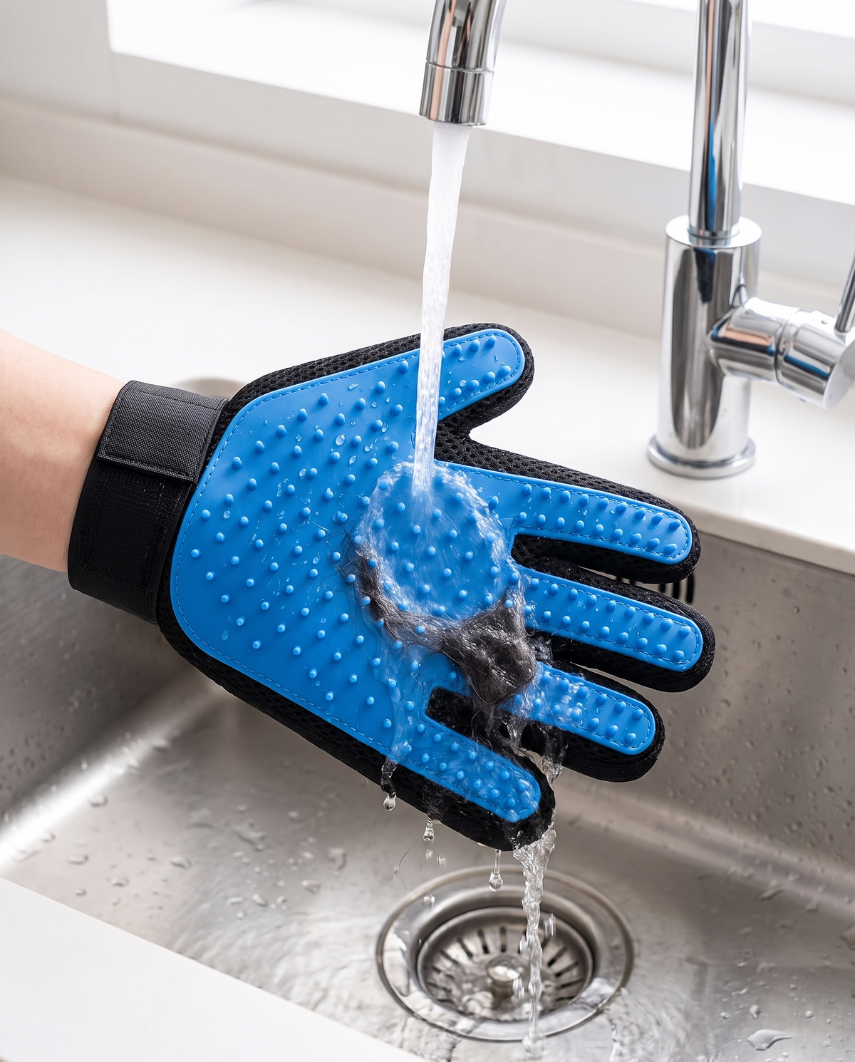 Blue Shobaka silicone grooming glove rinsed under the tap, pet hair washing away