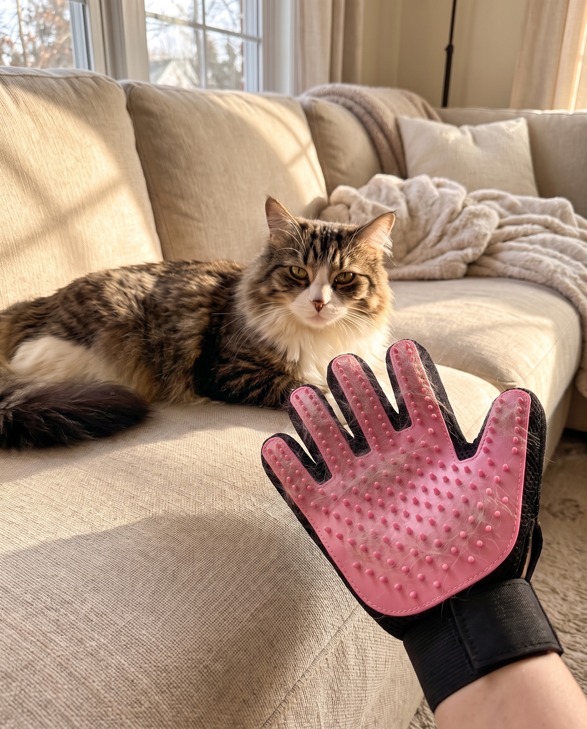 Pink Shobaka grooming glove full of loose cat hair, cat resting on the sofa